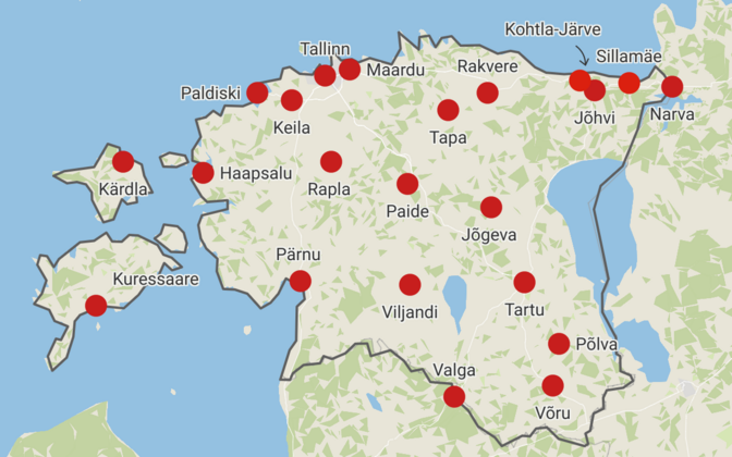 Карта Эстонии с зонами национальной системы оповещения