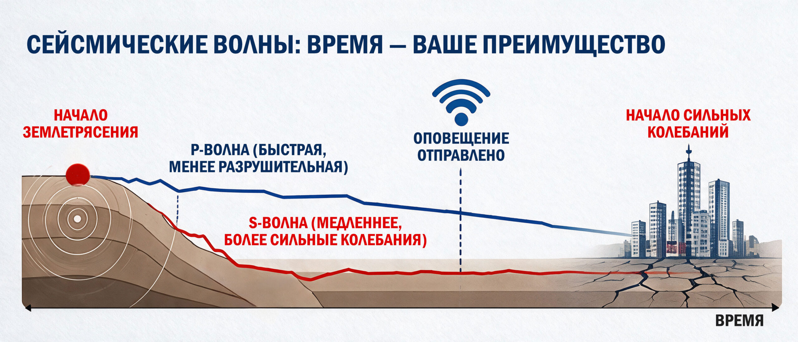 Система раннего предупреждения о землетрясениях – сейсмические волны Система раннего предупреждения о землетрясениях использует P-волны для отправки оповещения до сильных колебаний