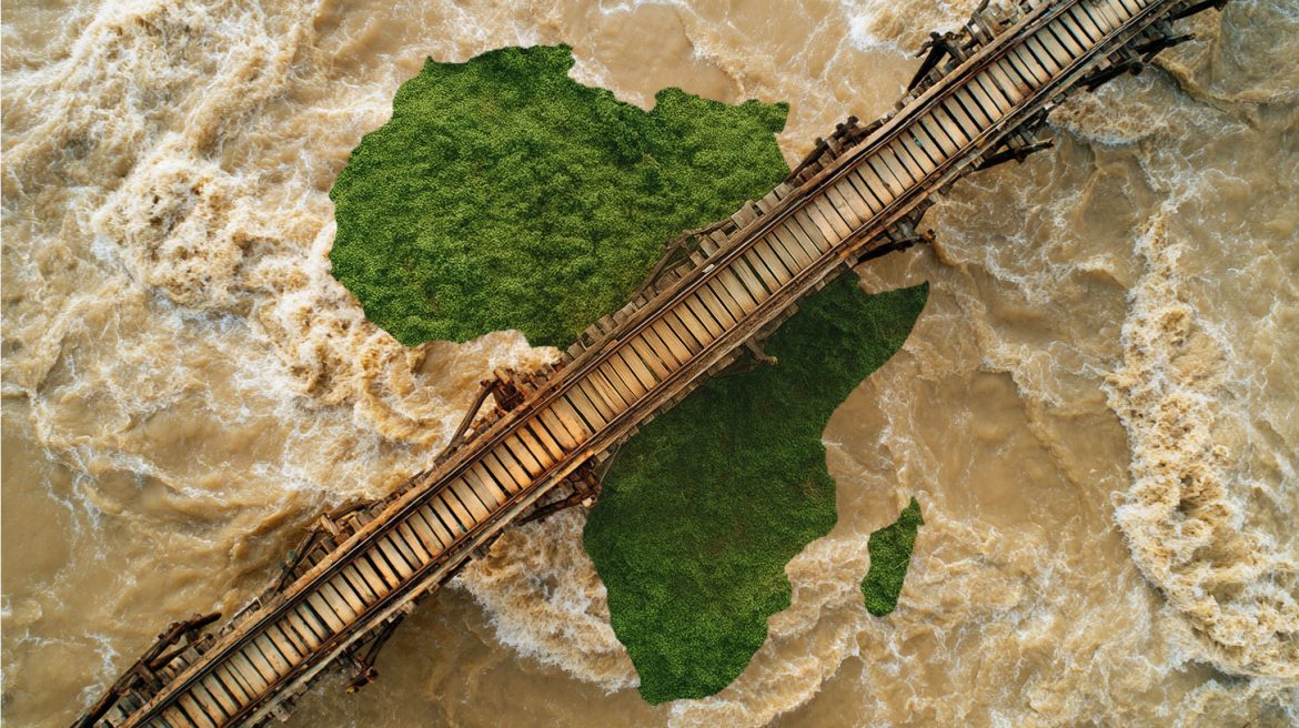 Bridge over a flooded river with the outline of Africa, symbolizing Telegrafia’s flood warning systems and public safety solutions