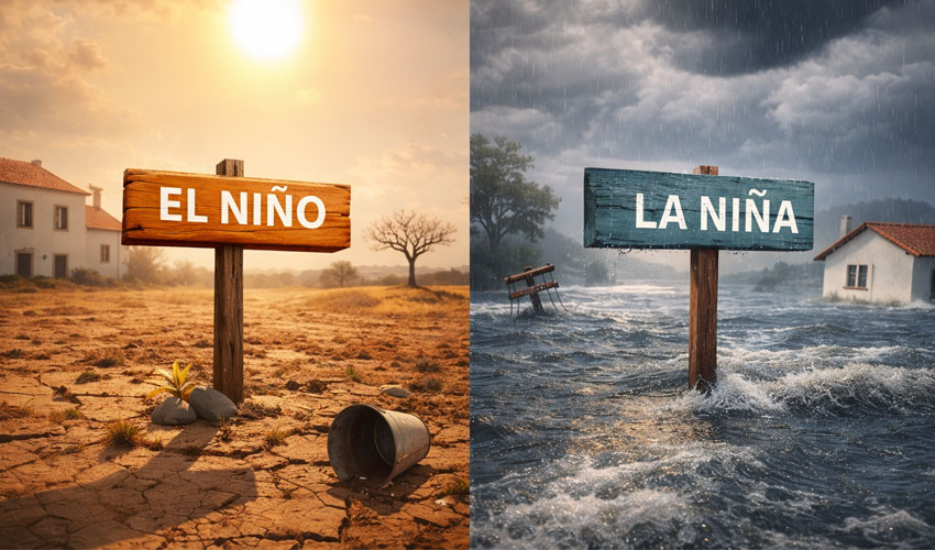 El Niño and La Niña climate patterns showing drought and flooding, influencing extreme weather and flood risk in Portugal