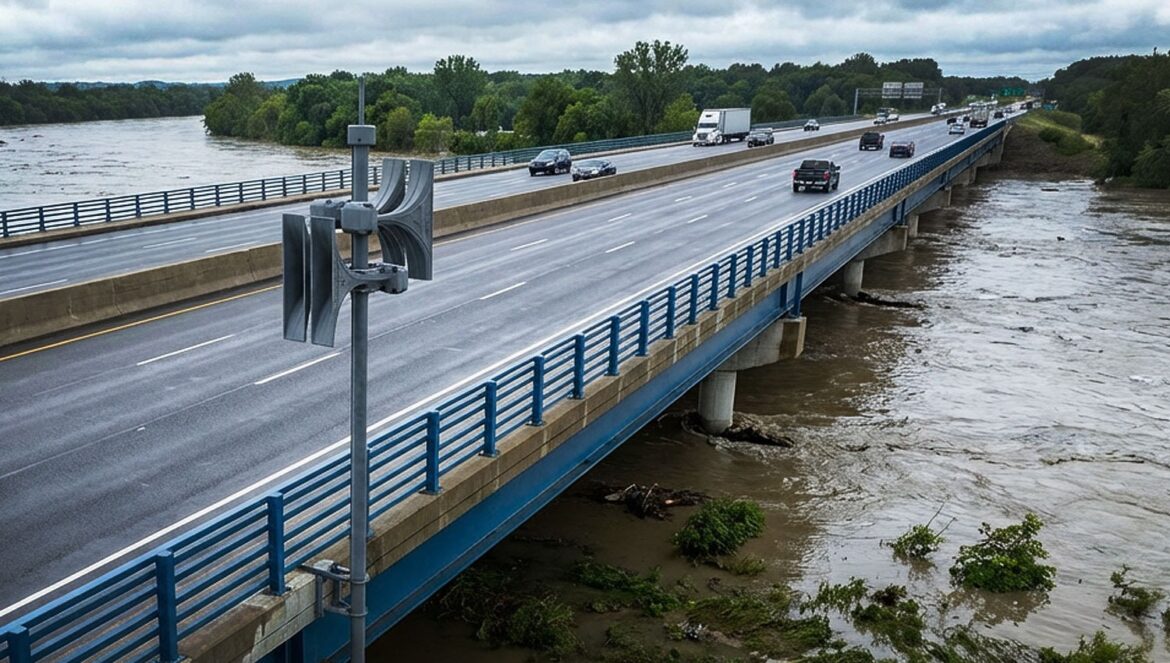 Pavian electronic warning siren installed near a bridge to alert residents during Gota Fria floods in Spain