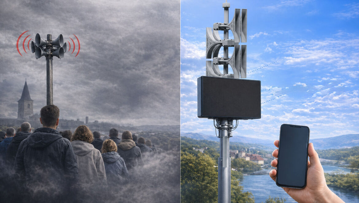 Modern warning systems with smart siren and mobile alerts compared to traditional mechanical sirens