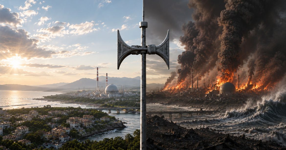 Electronic warning siren during a large-scale disaster showing the importance of public warning systems in industrial accidents, tsunamis, and emergency situations.