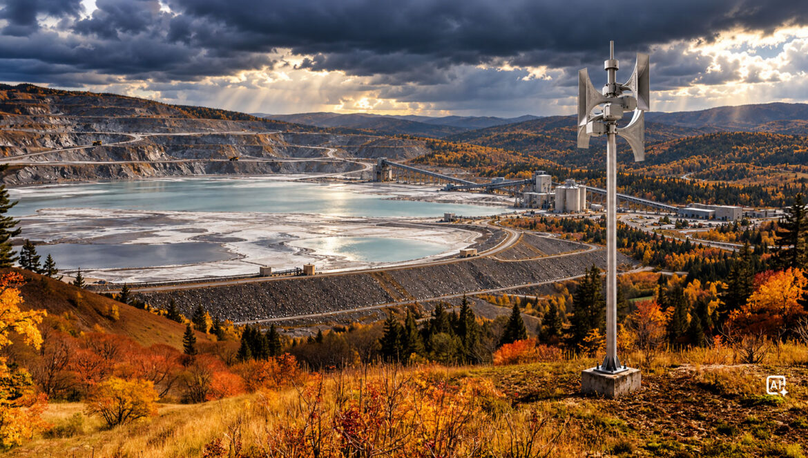 Tailings dam warning system with an electronic siren protecting a mining facility